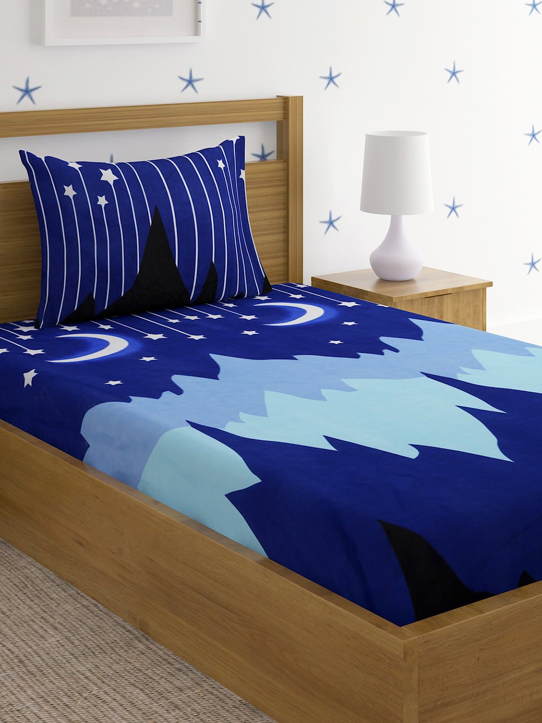 

SOKNACK Blue 280 TC GLACED COTTON CARTOON PRINTED SINGLE BEDSHEET WITH ONE PILLOW COVER, Navy blue