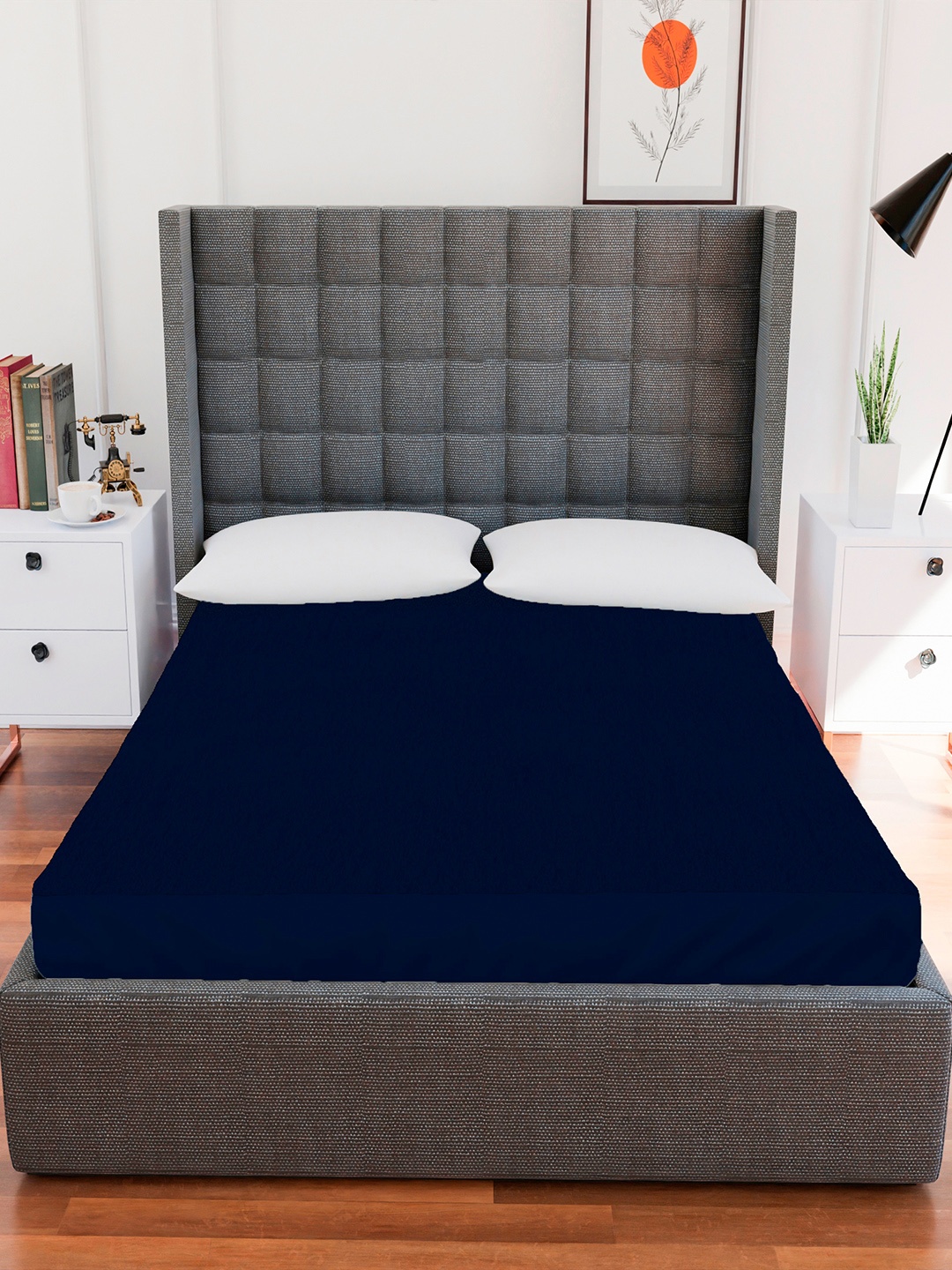AVI Men Navy Blue Solid Double Size Cotton Waterproof Mattress Protector