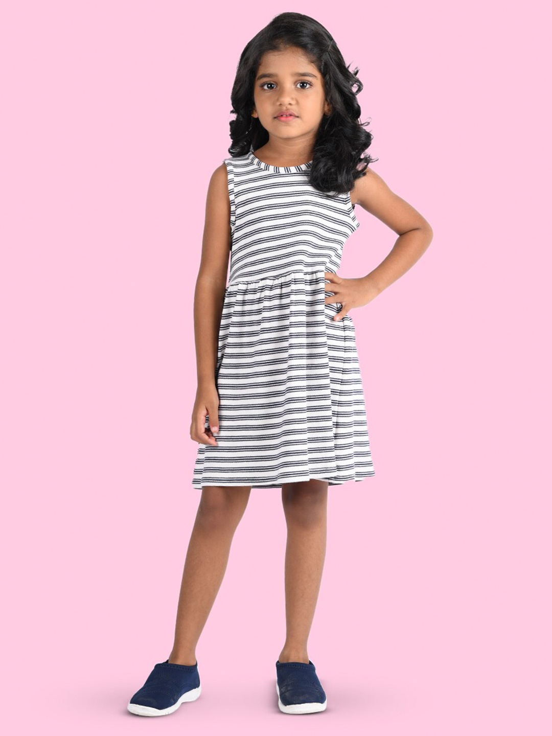 

Zalio Girls White & Black Striped Cotton Dress