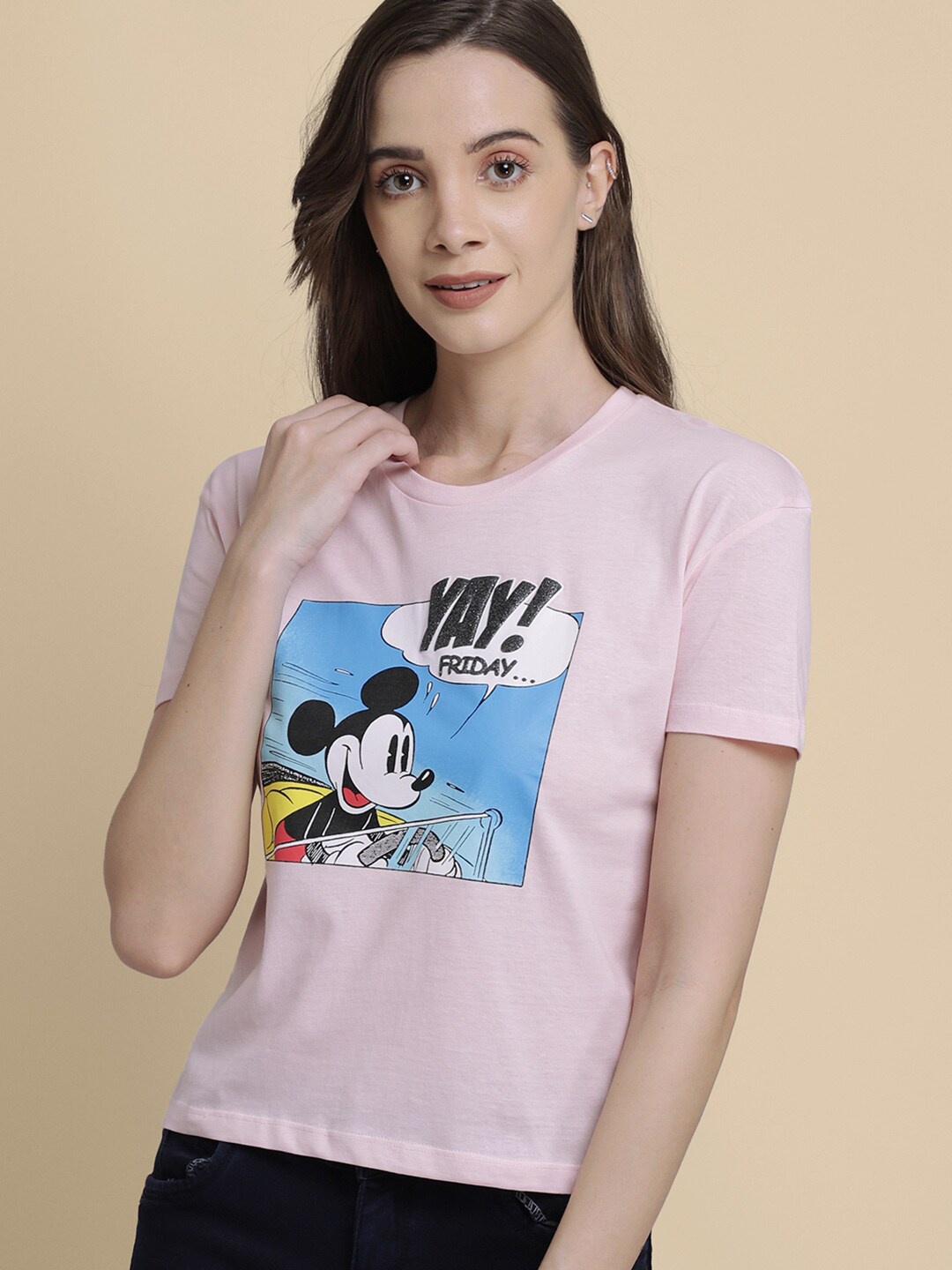 

Free Authority Women Pink Mickey Mouse Printed Cotton T-shirt