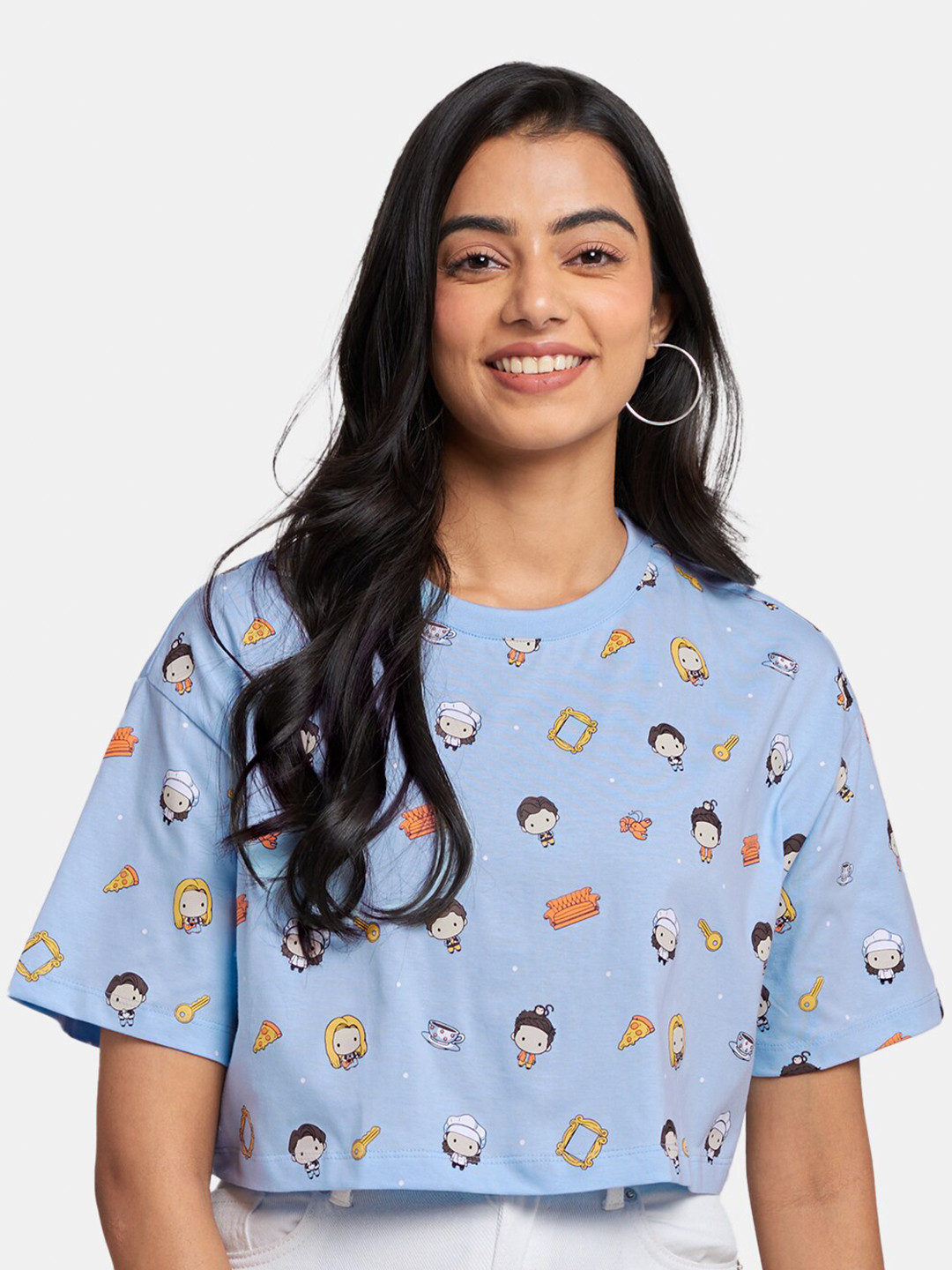 

The Souled Store Women Blue F.R.I.E.N.D.S Cute Chibi Doodles Print Oversized Crop T-Shirt