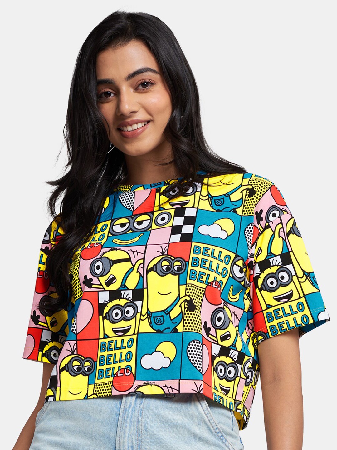 

The Souled Store Women Yellow Minions Printed Extended Sleeves Oversized Oversized T-shirt