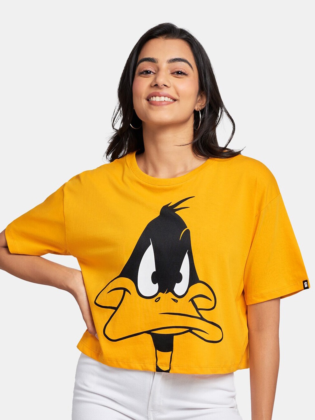 

The Souled Store Women Mustard Yellow Looney Tunes Angry Daffy Printed Oversized T-shirt