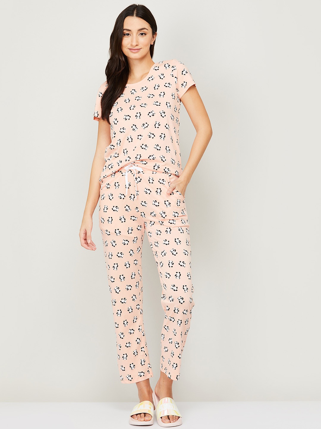 

Ginger by Lifestyle Women Pink & Whit Panda Printed Cotton Nightsuit