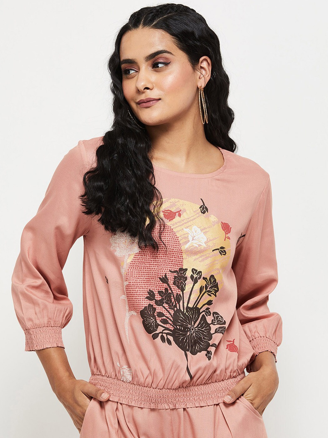 

max Pink & Gold-Toned Floral Print Cinched Waist Top