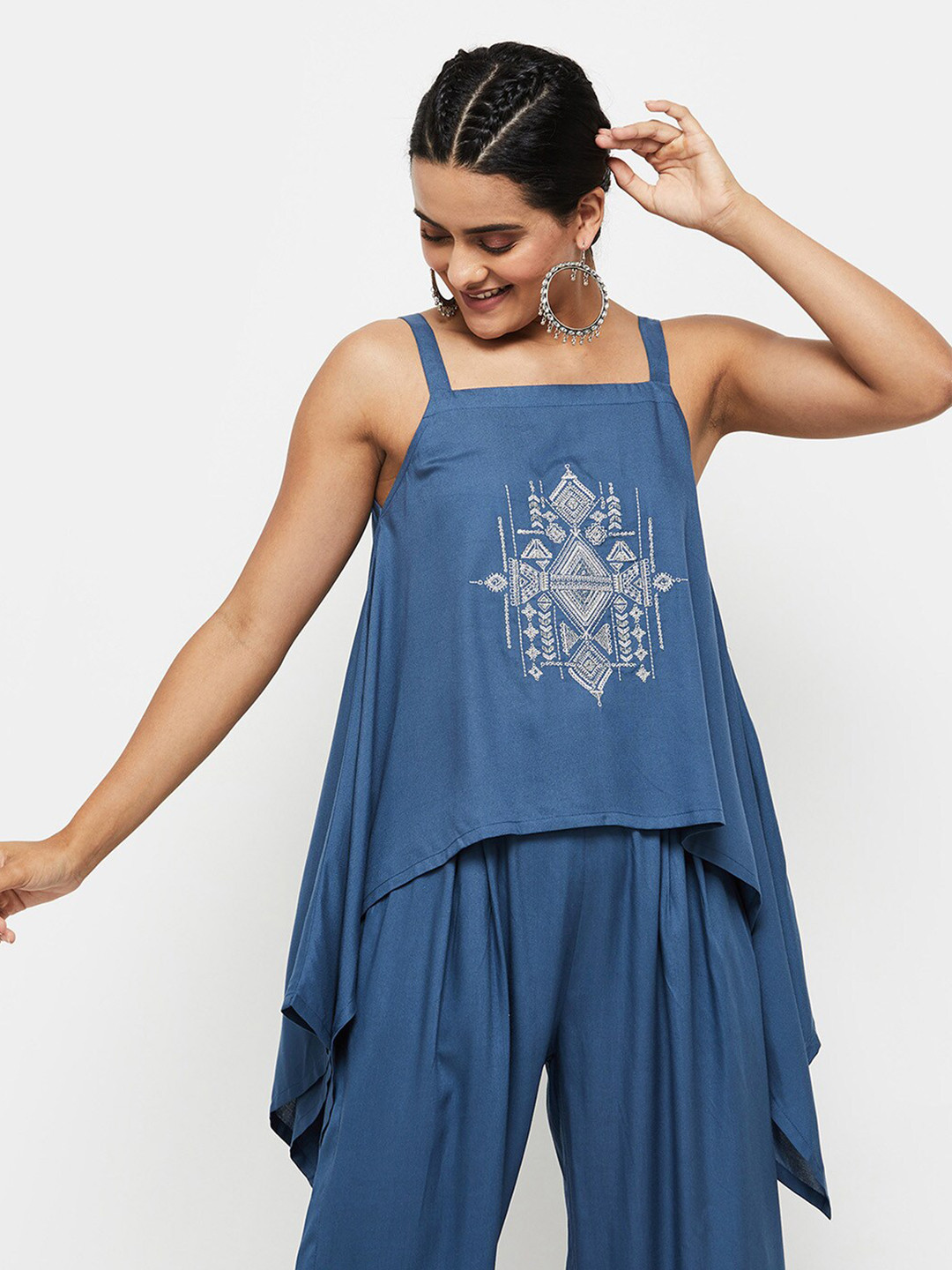 

max Women Blue Print Longline Cotton Top
