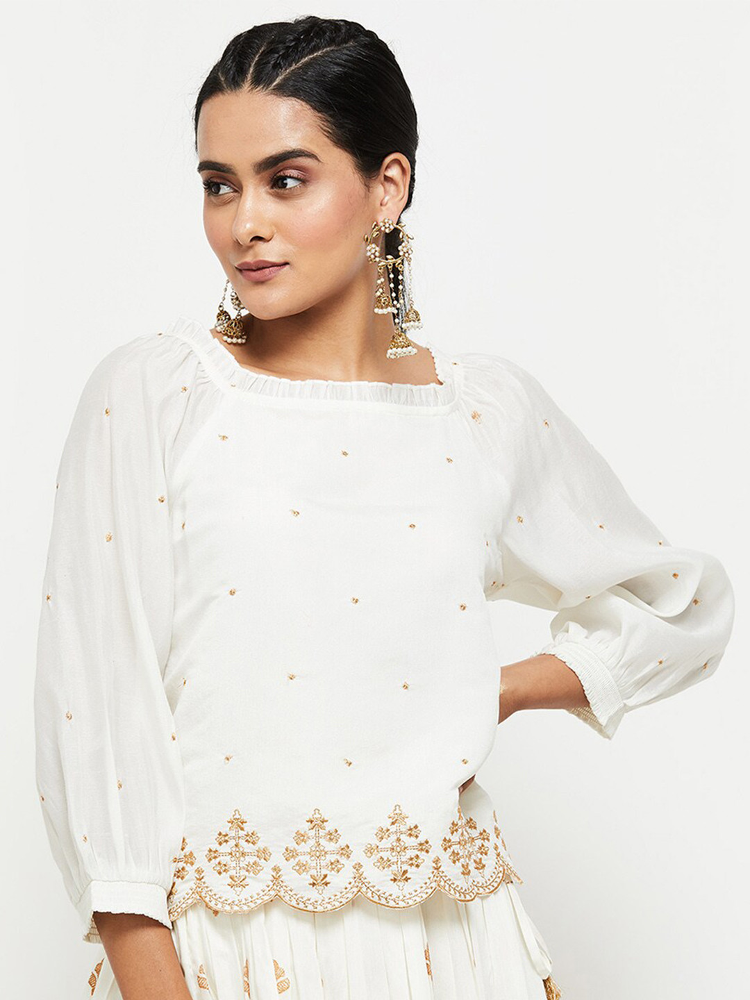 

max White & Gold-Toned Embroidered Top