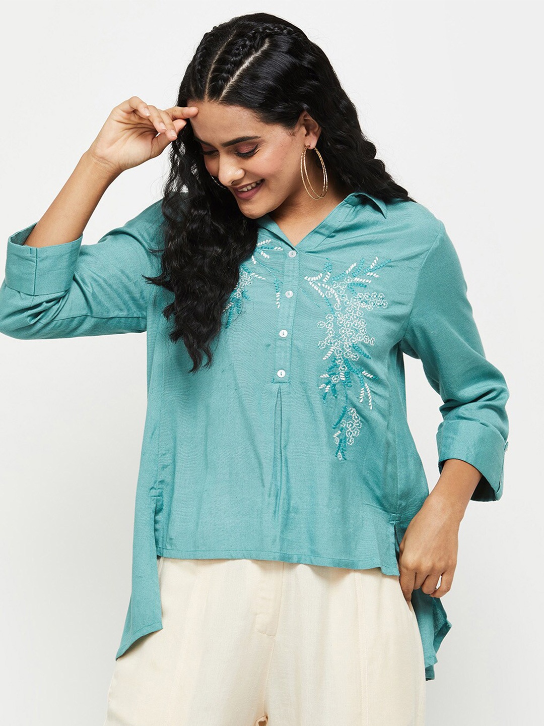 

max Women Blue Floral Embroidered Shirt Style Top