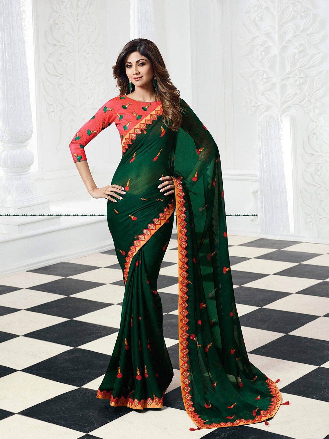 

Shaily Green & Mustard Floral Embroidered Pure Chiffon Saree
