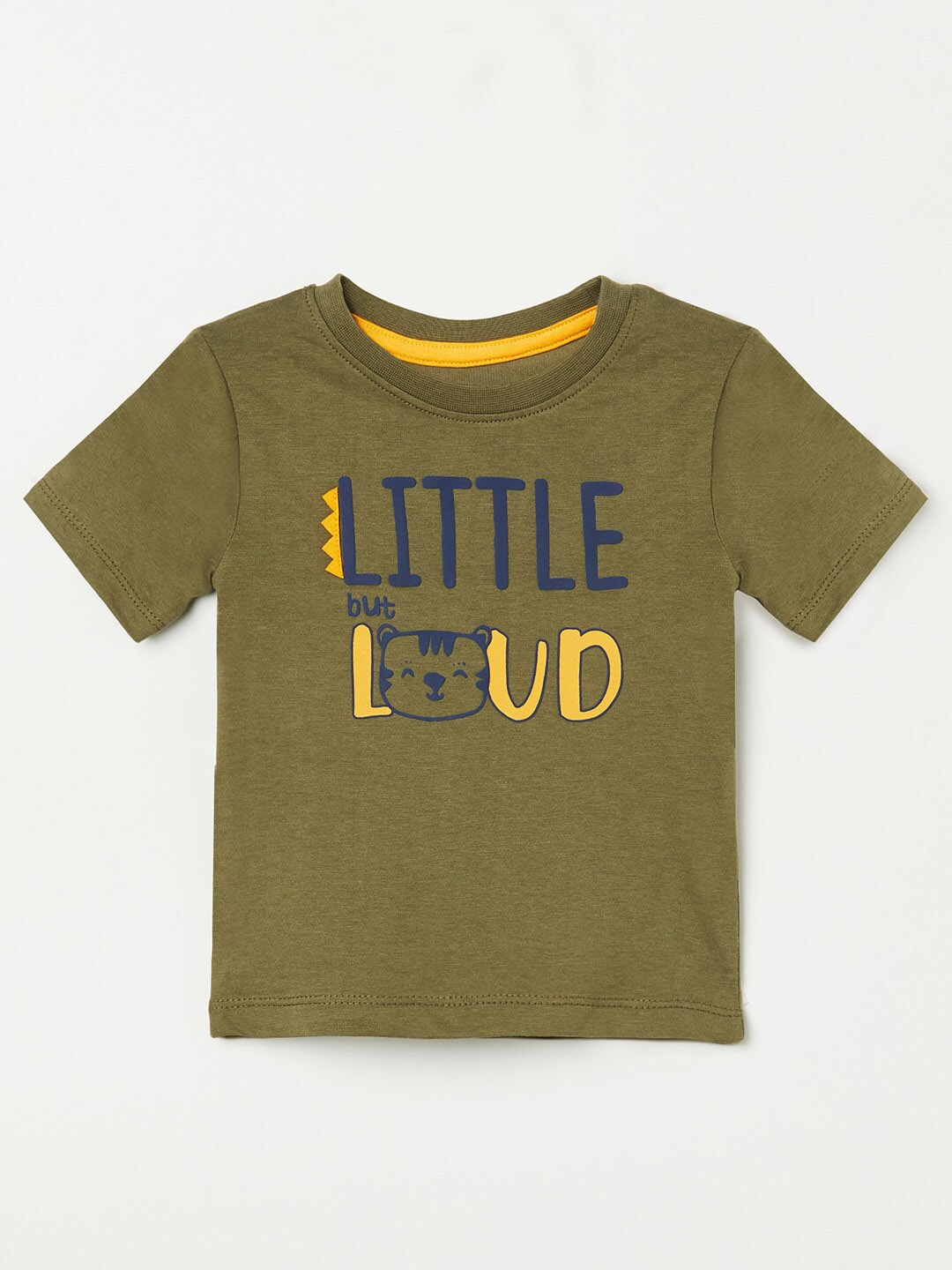 

Juniors by Lifestyle Boys Olive Green & Black Typography Printed Pure Cotton T-shirt