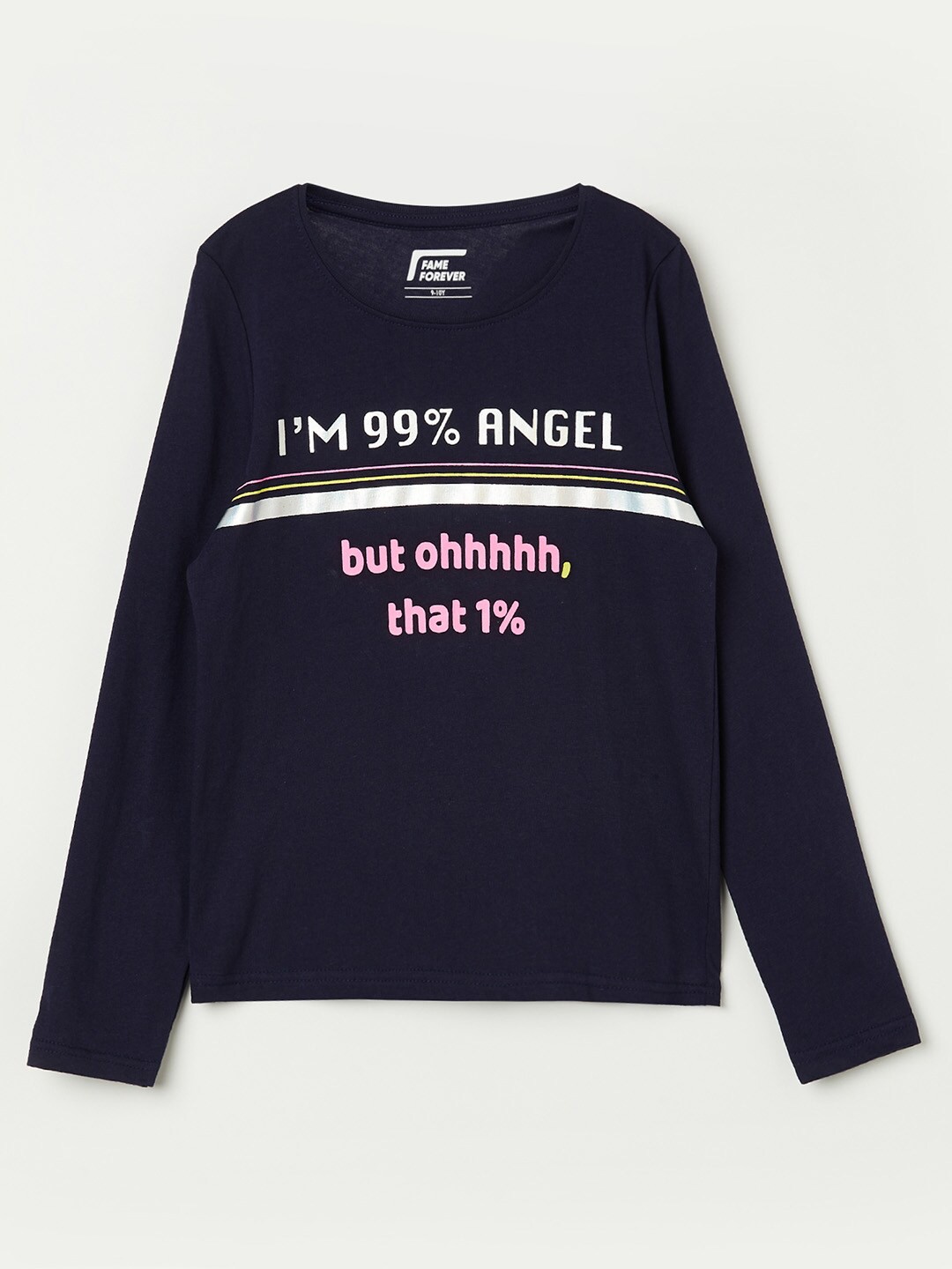 

Fame Forever by Lifestyle Girls Navy Blue Typography Printed Pure Cotton T-shirt