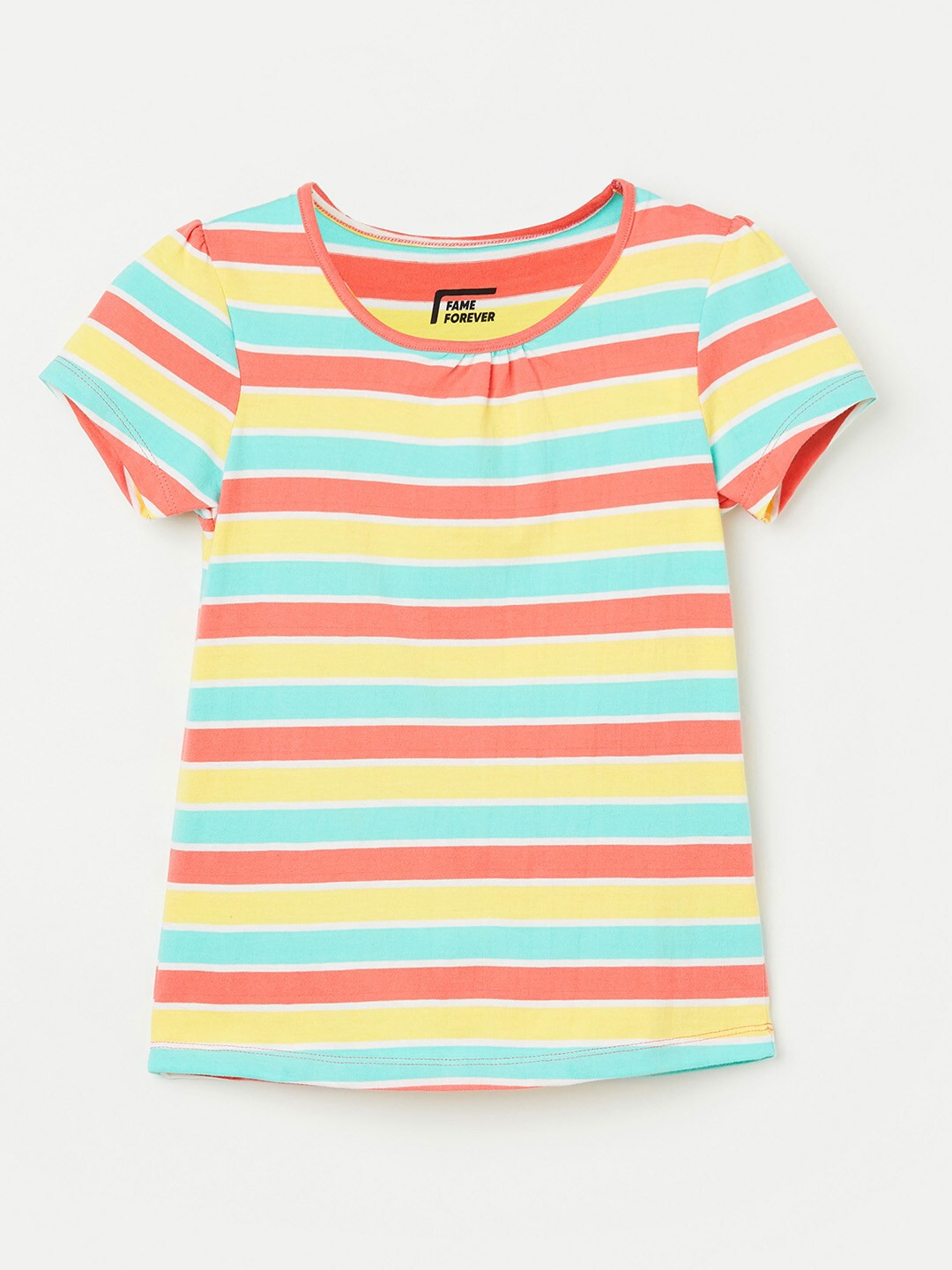 

Fame Forever by Lifestyle Girls Multicoloured Striped Henley Neck Pure Cotton T-shirt, Multi