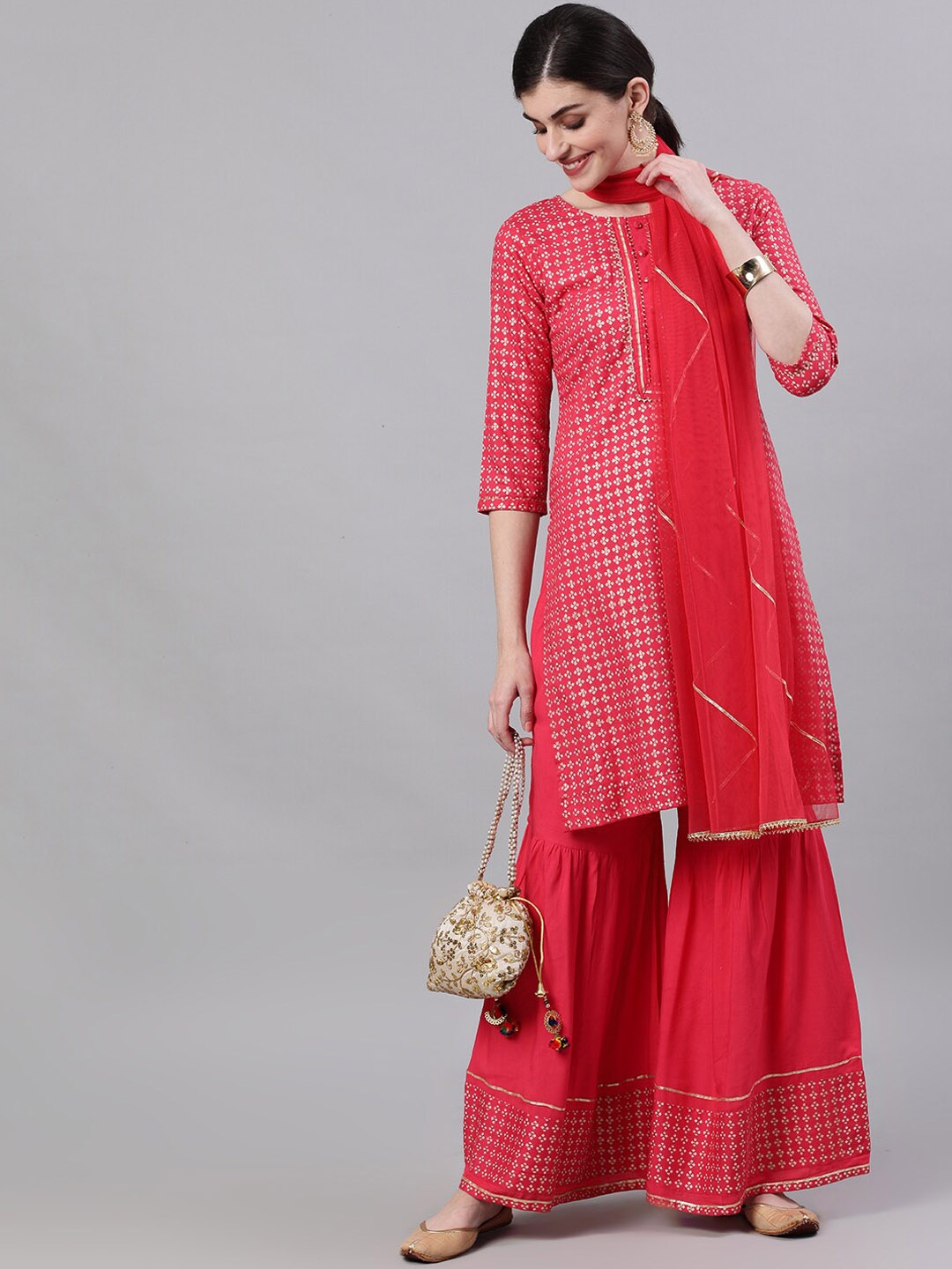 

AASI - HOUSE OF NAYO Women Pink Printed with Sharara & Dupatta