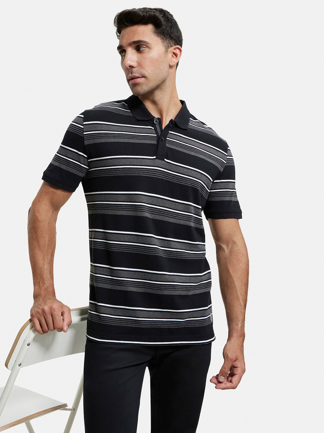 

Jockey Super Combed Cotton Rich Striped Half Sleeve Polo T-shirt-US93, Black