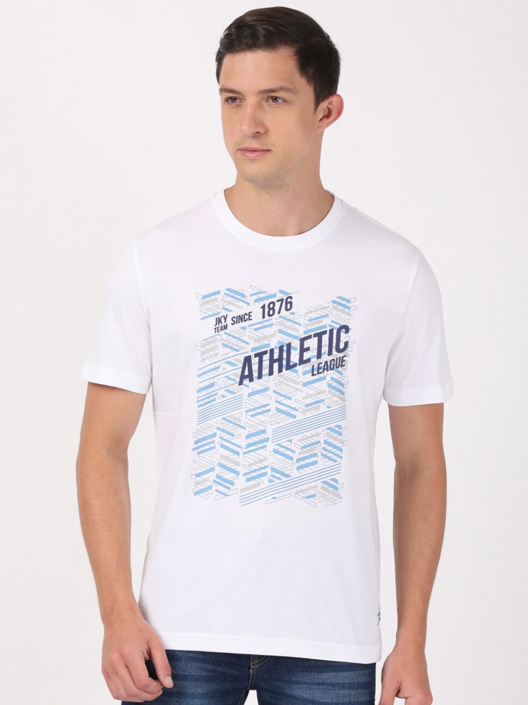 

Jockey Men White & Blue Cotton Typography Printed T-shirt