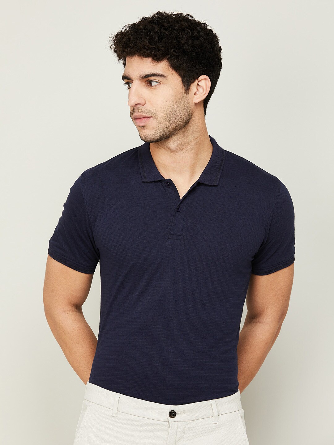 

CODE by Lifestyle Men Navy Blue Polo Collar Slim Fit T-shirt