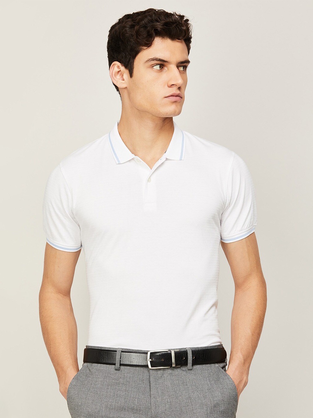 

CODE by Lifestyle Men White Polo Collar Slim Fit T-shirt