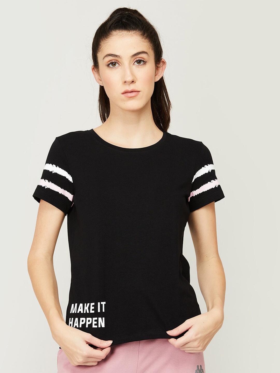 

Kappa Women Black Monochrome Pure Cotton T-shirt