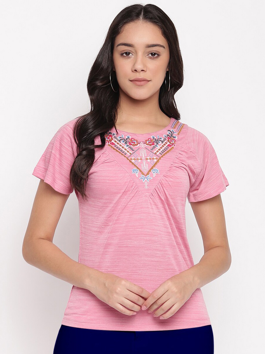 

Miss Grace Pink Floral Embroidered Regular Top