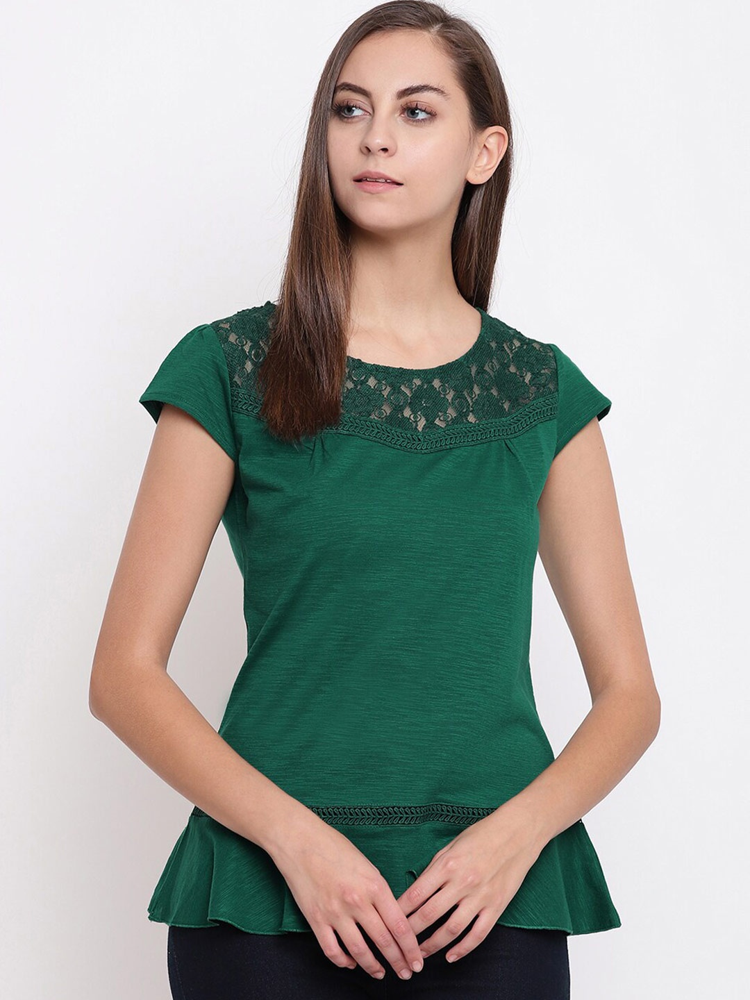 

Miss Grace Women Green Cotton Blend Round Neck Lace Top