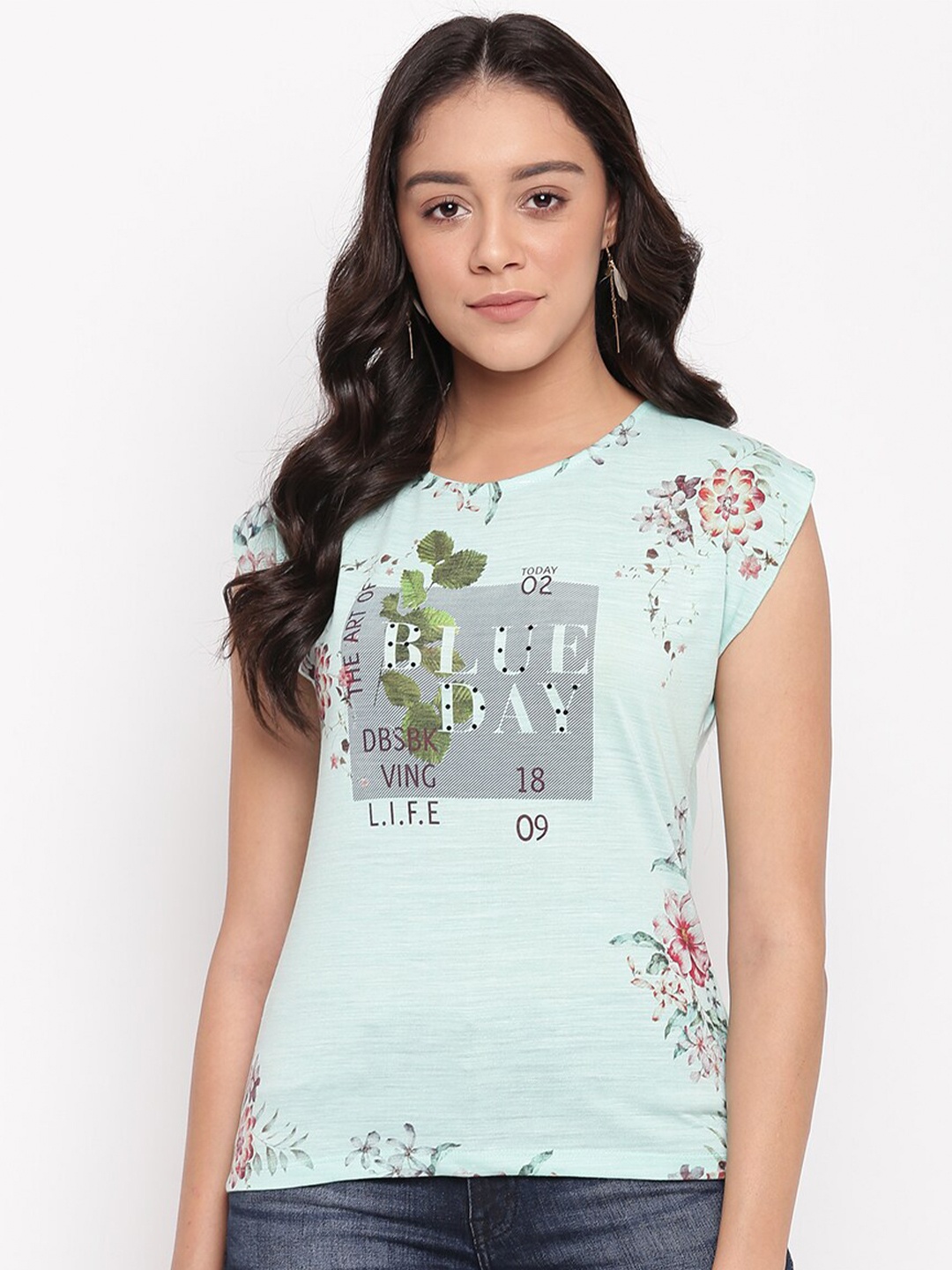 

Miss Grace Sea Green Floral Printed Extended Sleeves Top
