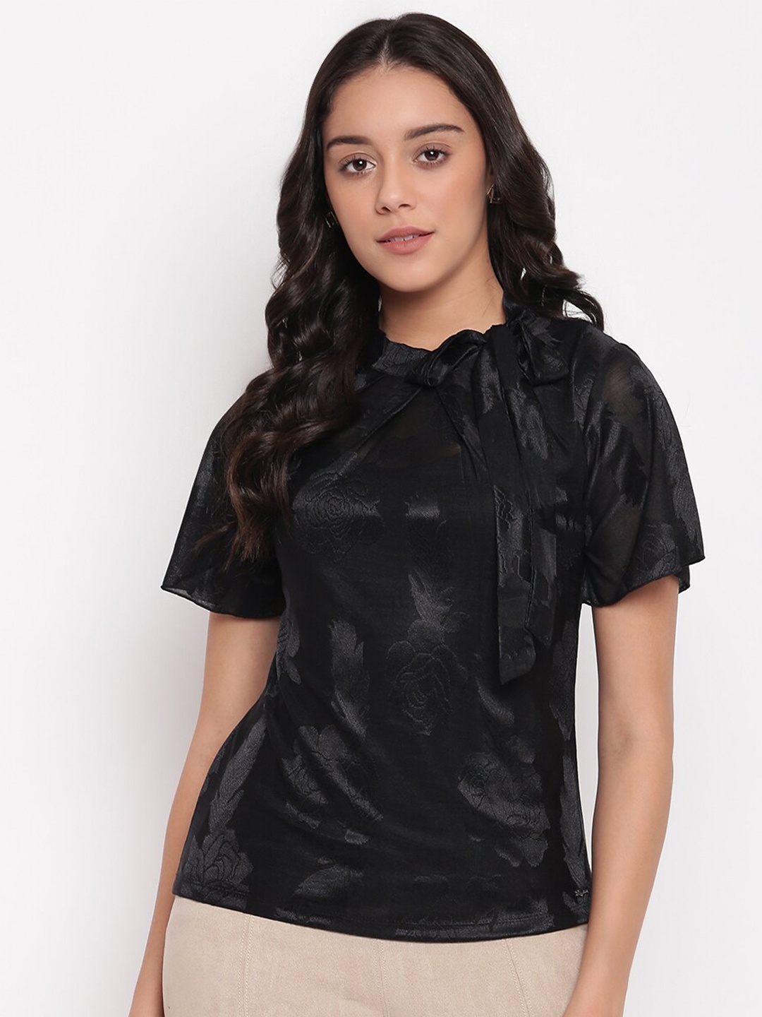 

Miss Grace Black Floral Tie-Up Neck Top