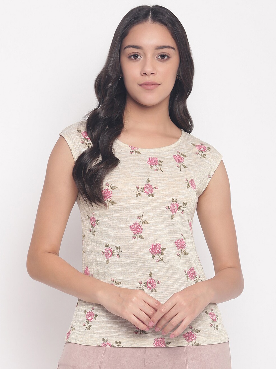 

Miss Grace Women Beige & Pink Floral Printed Extended Sleeves Top
