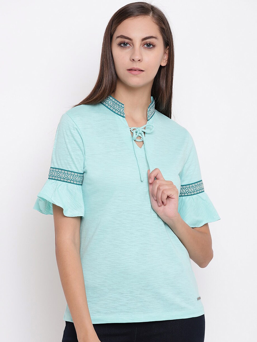 

Miss Grace WOMEN Sea Green Tie-Up Neck Top