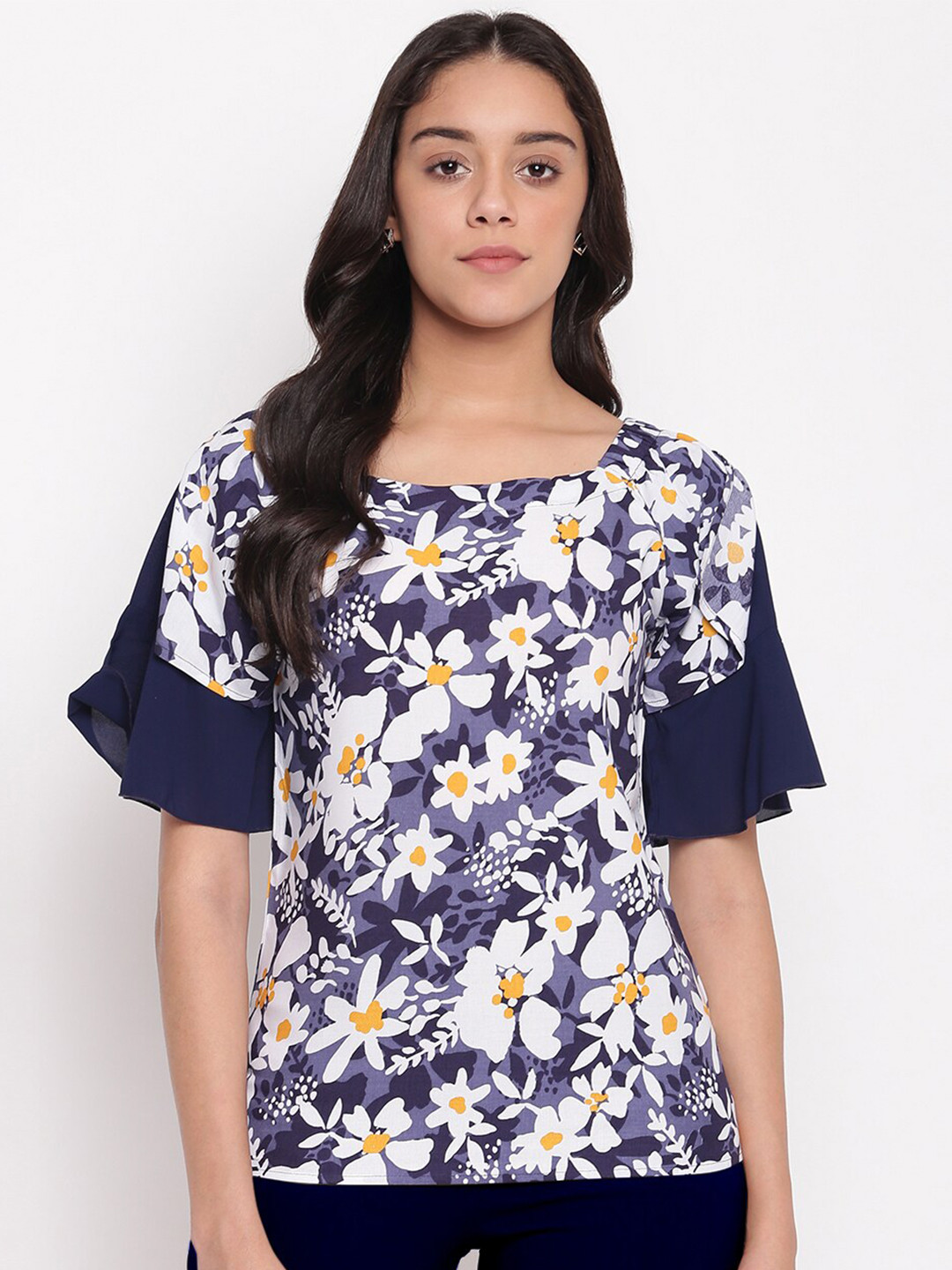 

Miss Grace Women Navy Blue Floral Print Top