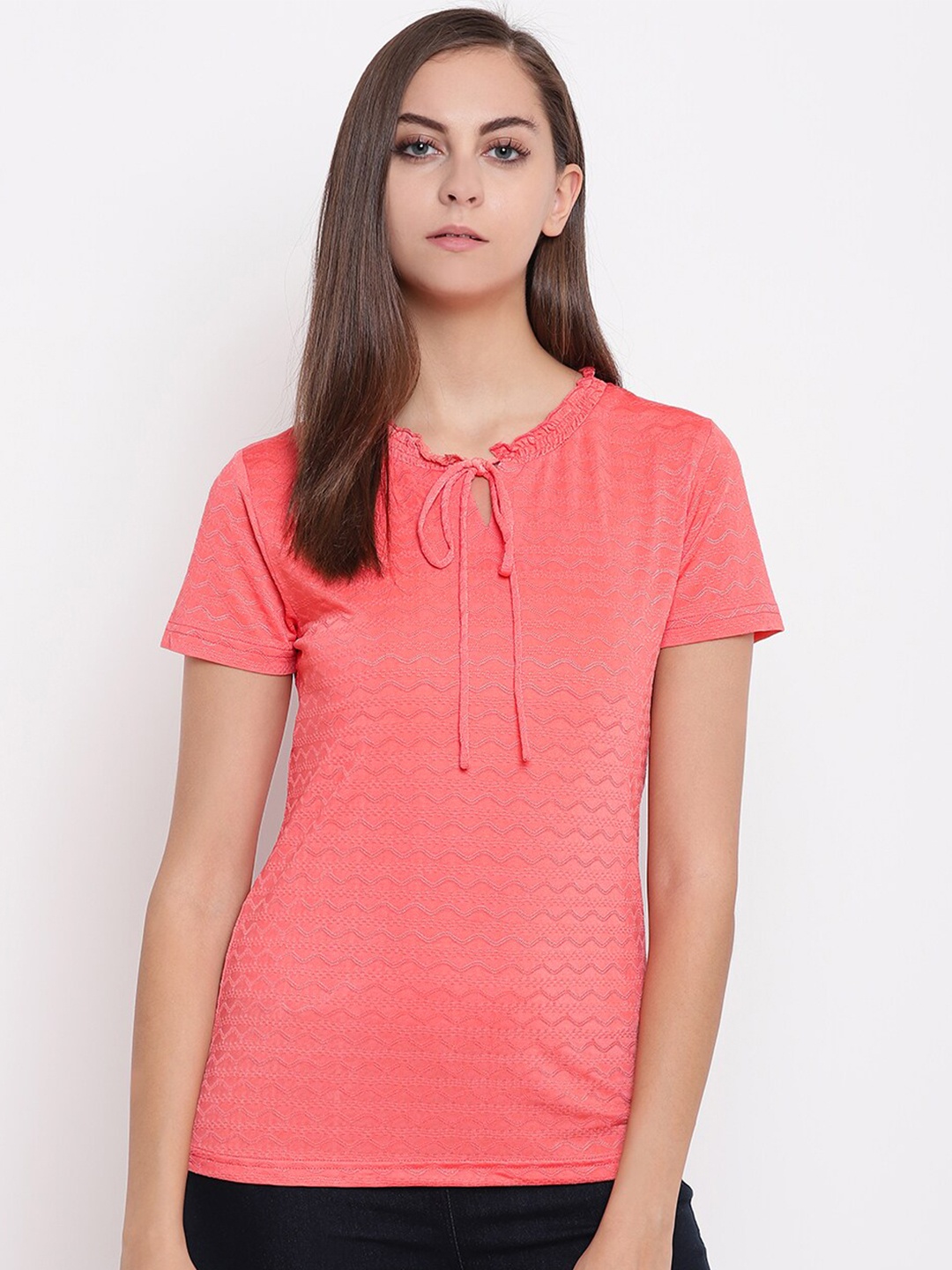 

Miss Grace Women Peach-Coloured Tie-Up Neck Top