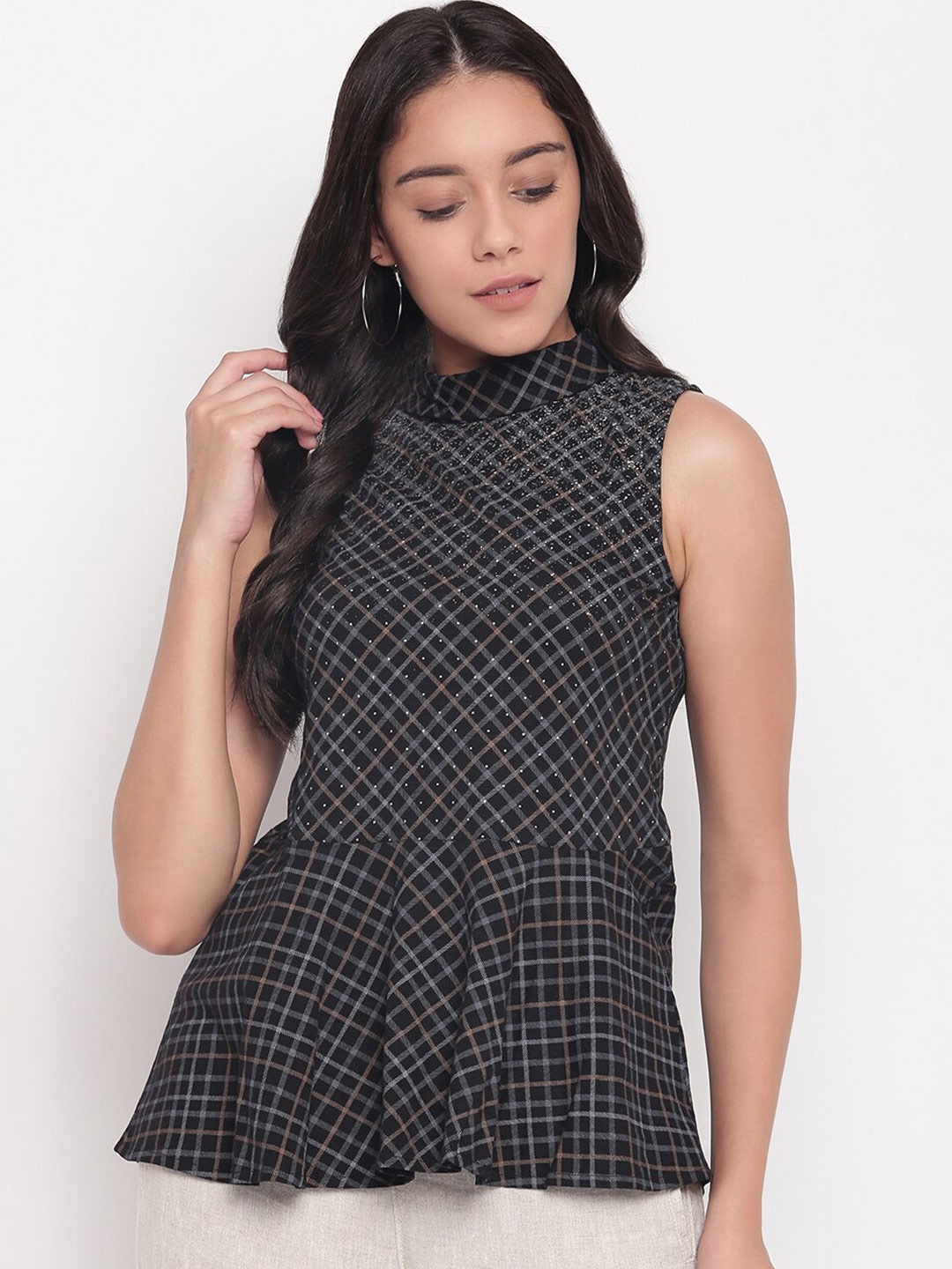 

Miss Grace Women Black Checked Peplum Top