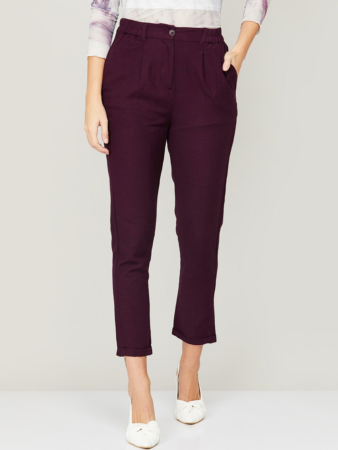 

CODE by Lifestyle Women Burgundy Plain Trousers