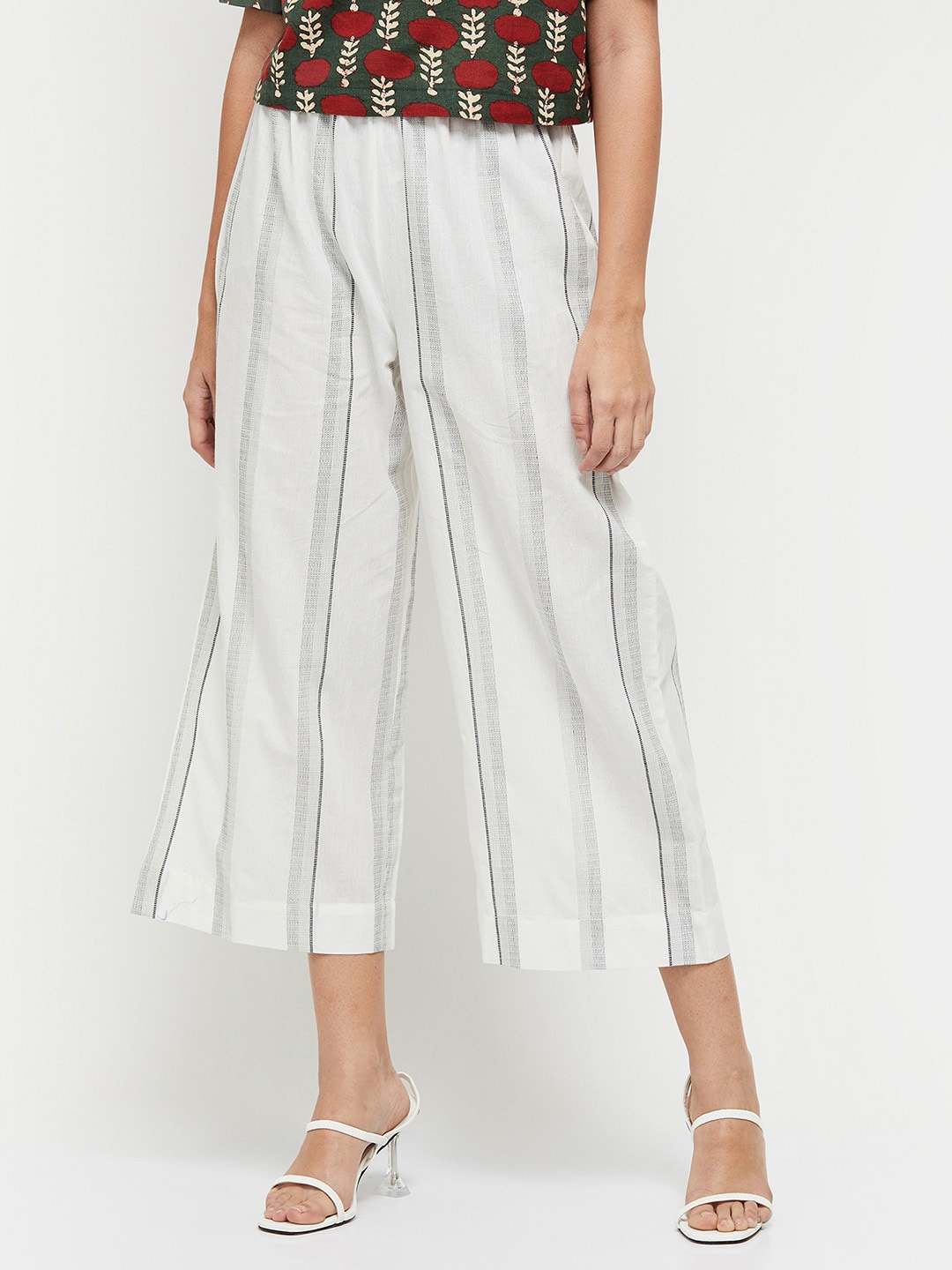 

max Women Off White & Black Striped Cotton Palazzos