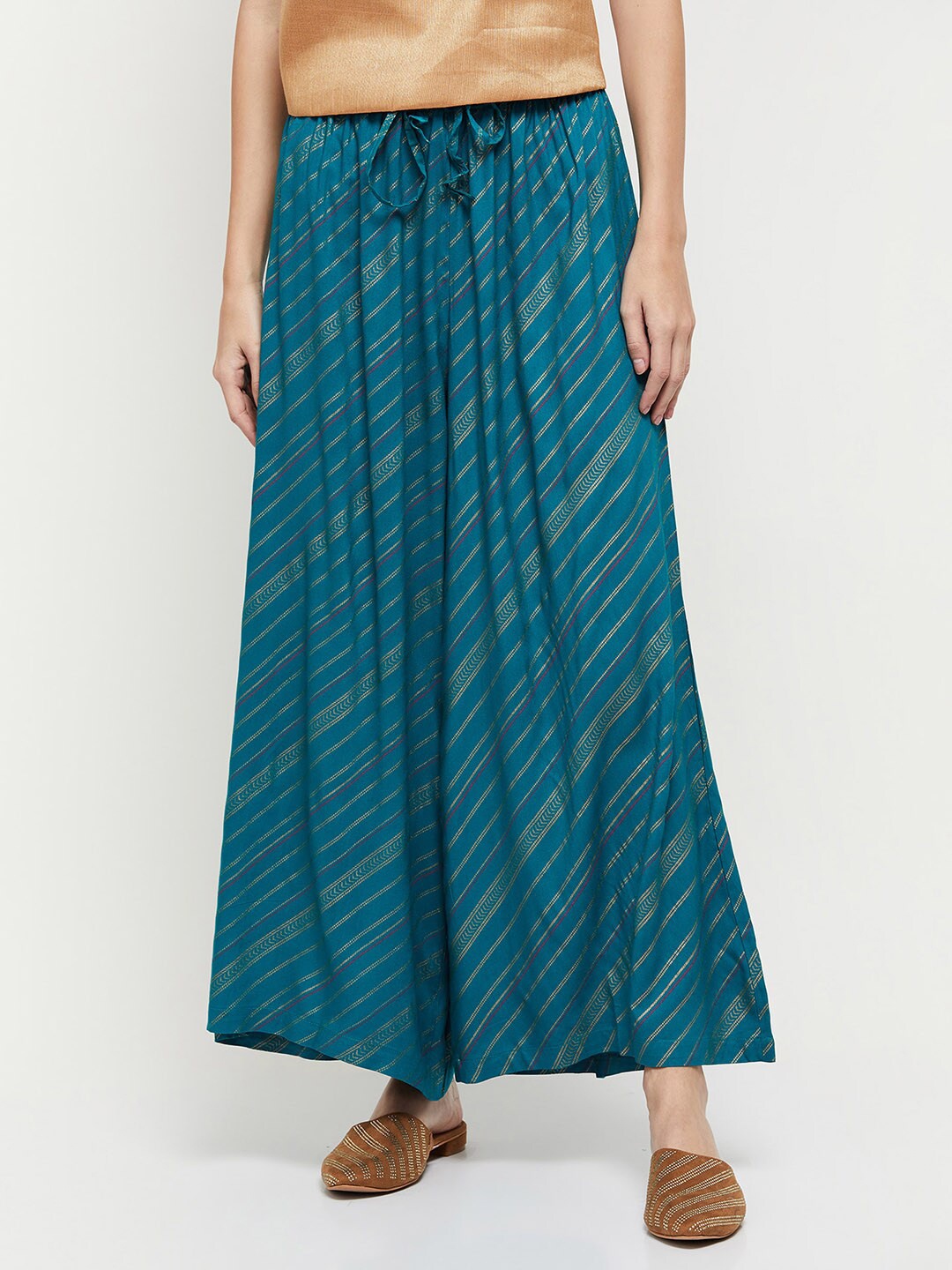 

max Women Teal & Gold-Toned Striped Flared Ethnic Palazzos