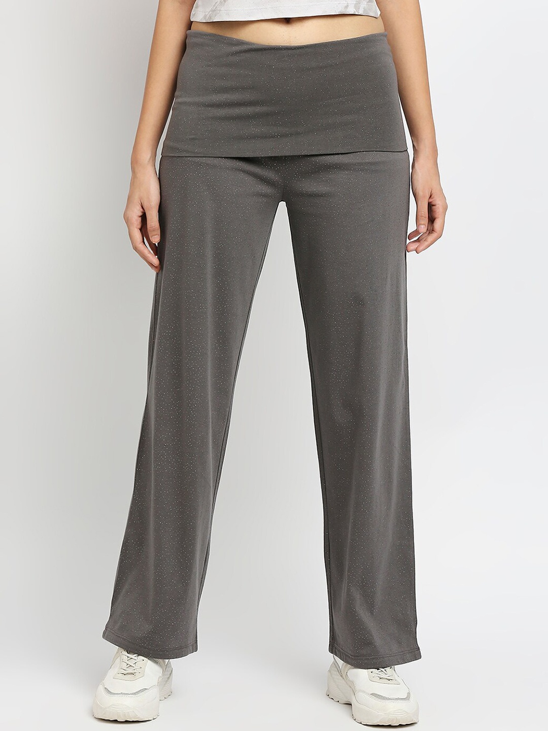 

effy Women Grey Solid Organic Cotton Glitter Roll Top Track Pants