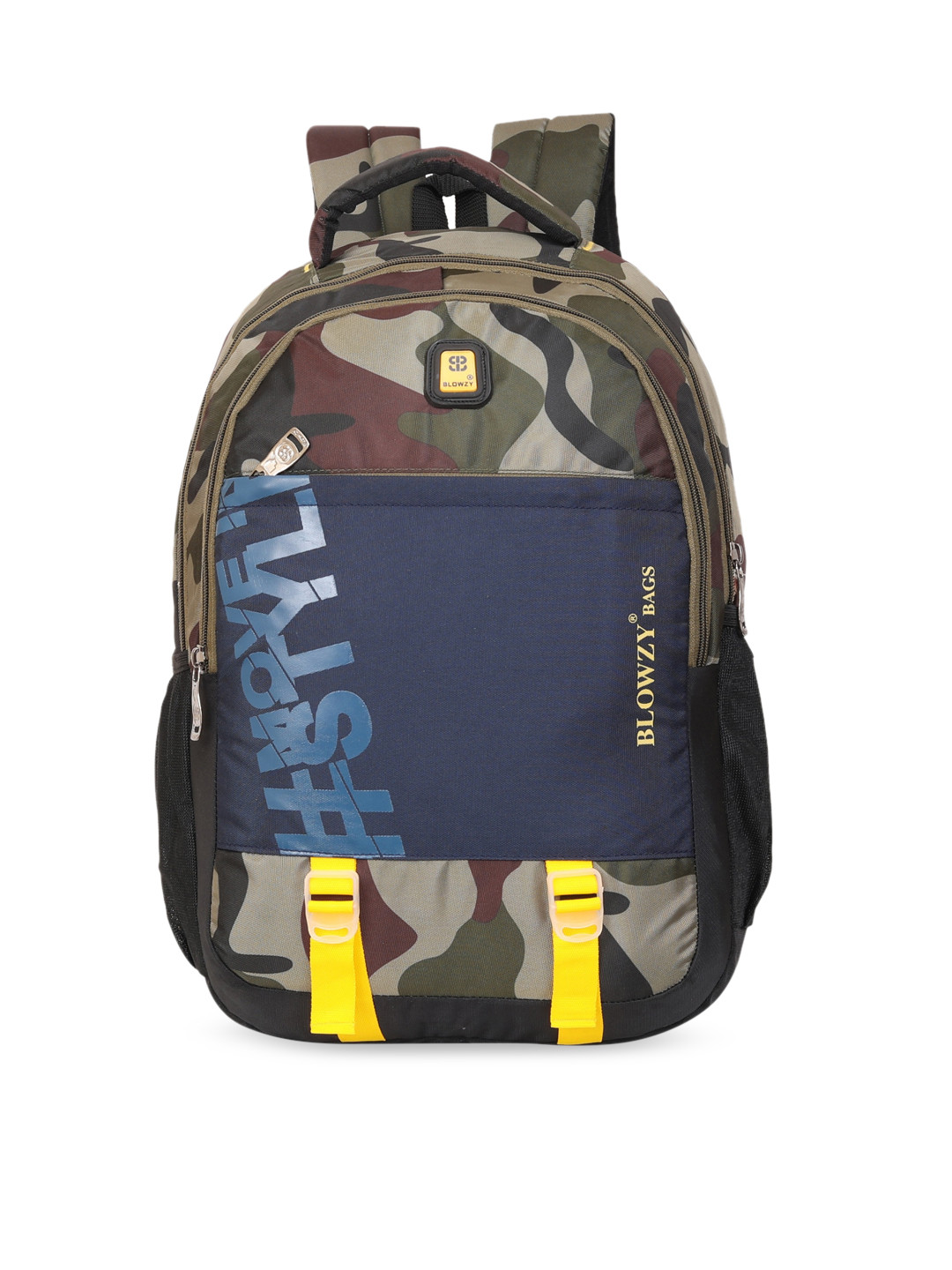 

Blowzy Bags Unisex Navy Blue & Mustard Camouflage Backpack with Earphone Gate