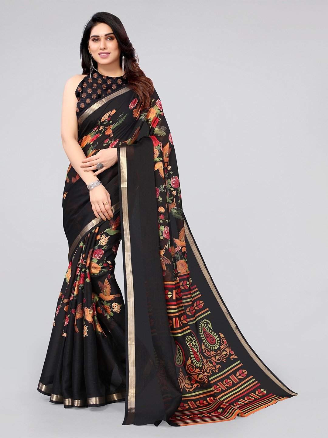 

MIRCHI FASHION Black & Red Floral Printed Zari Saree