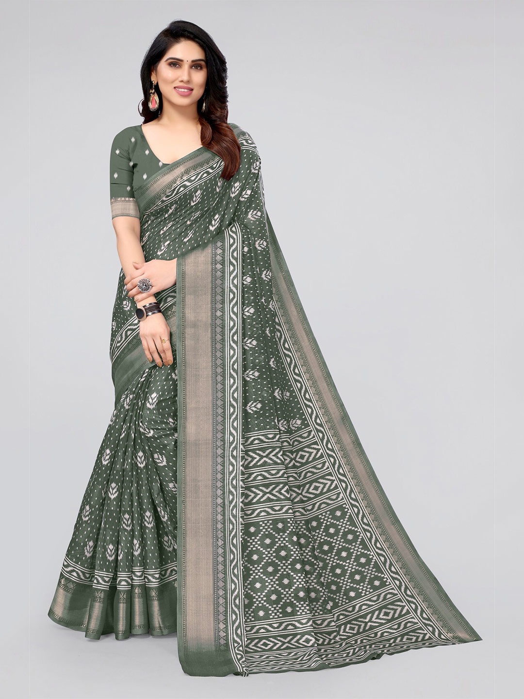 

MIRCHI FASHION Olive Green & White Floral Zari Ikat Saree