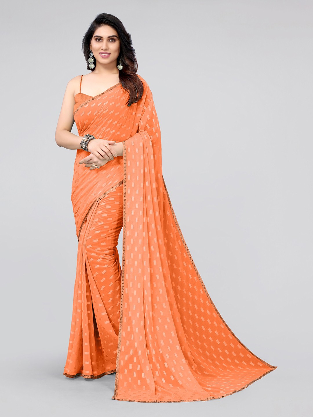 

MIRCHI FASHION Orange & White Beads and Stones Saree