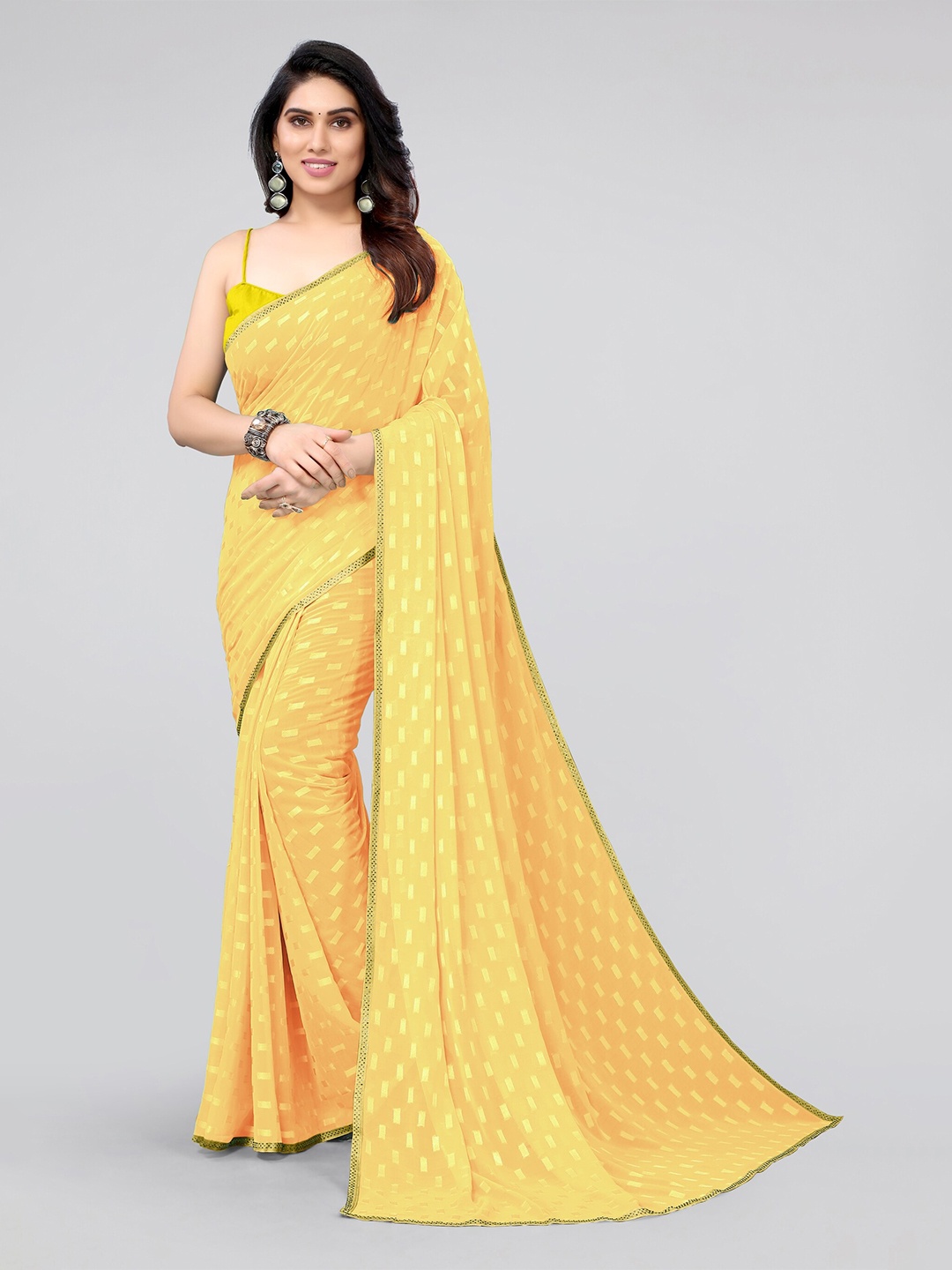 

MIRCHI FASHION Yellow Weightless Georgette Saree