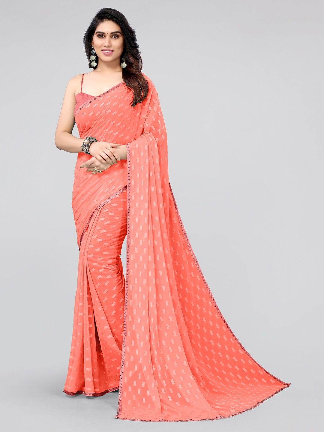

MIRCHI FASHION Orange & Gold-Toned Woven Design Beads and Stones Saree