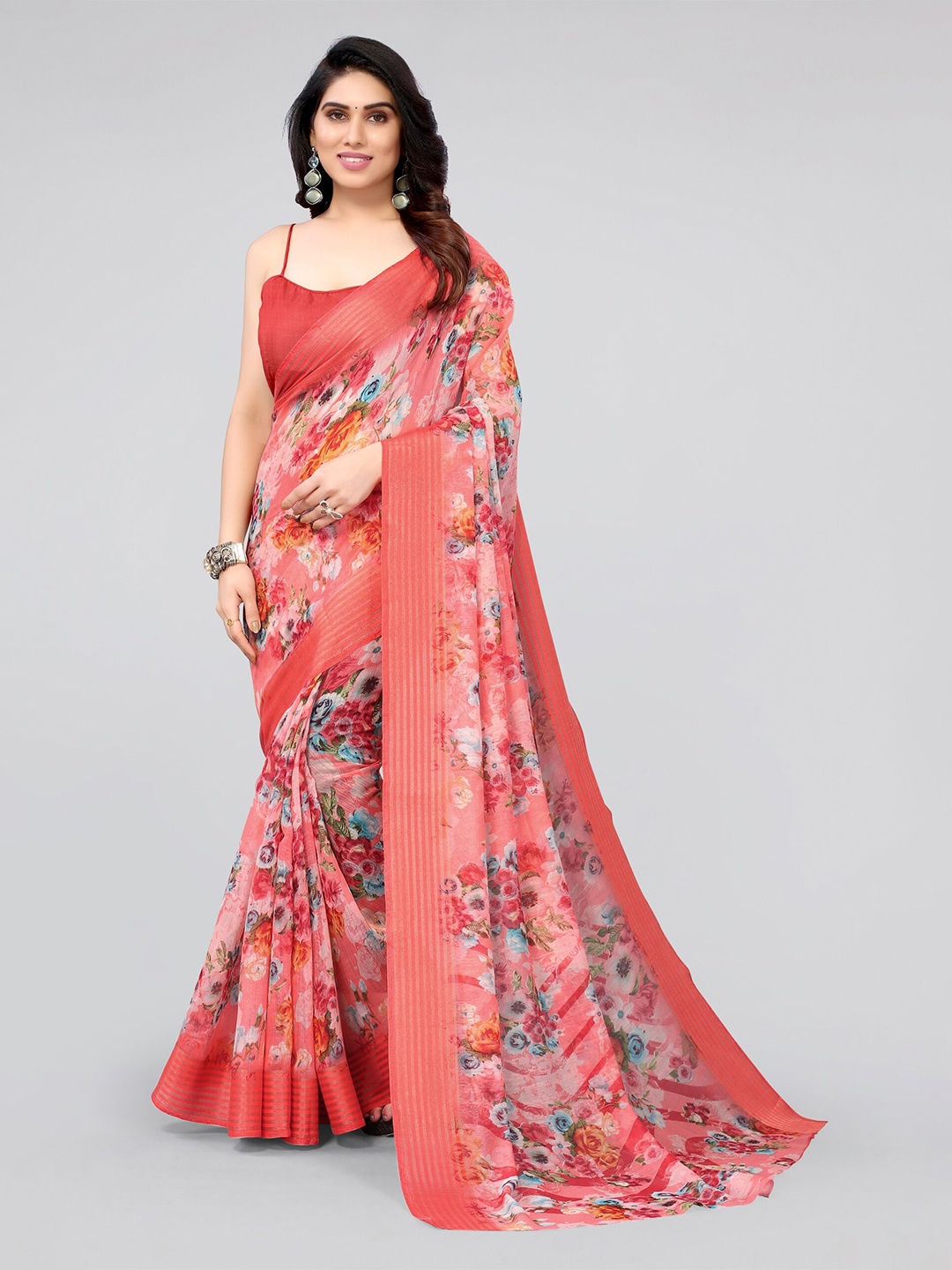 

MIRCHI FASHION Women Coral & Blue Floral Zari Saree