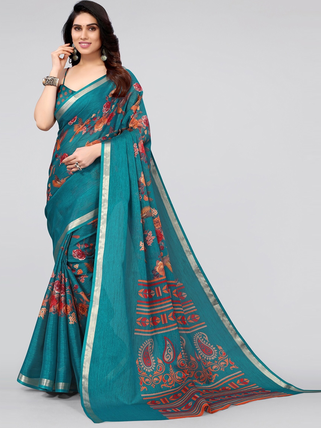 

MIRCHI FASHION Women Teal & Red Floral Zari Cotton Blend Saree