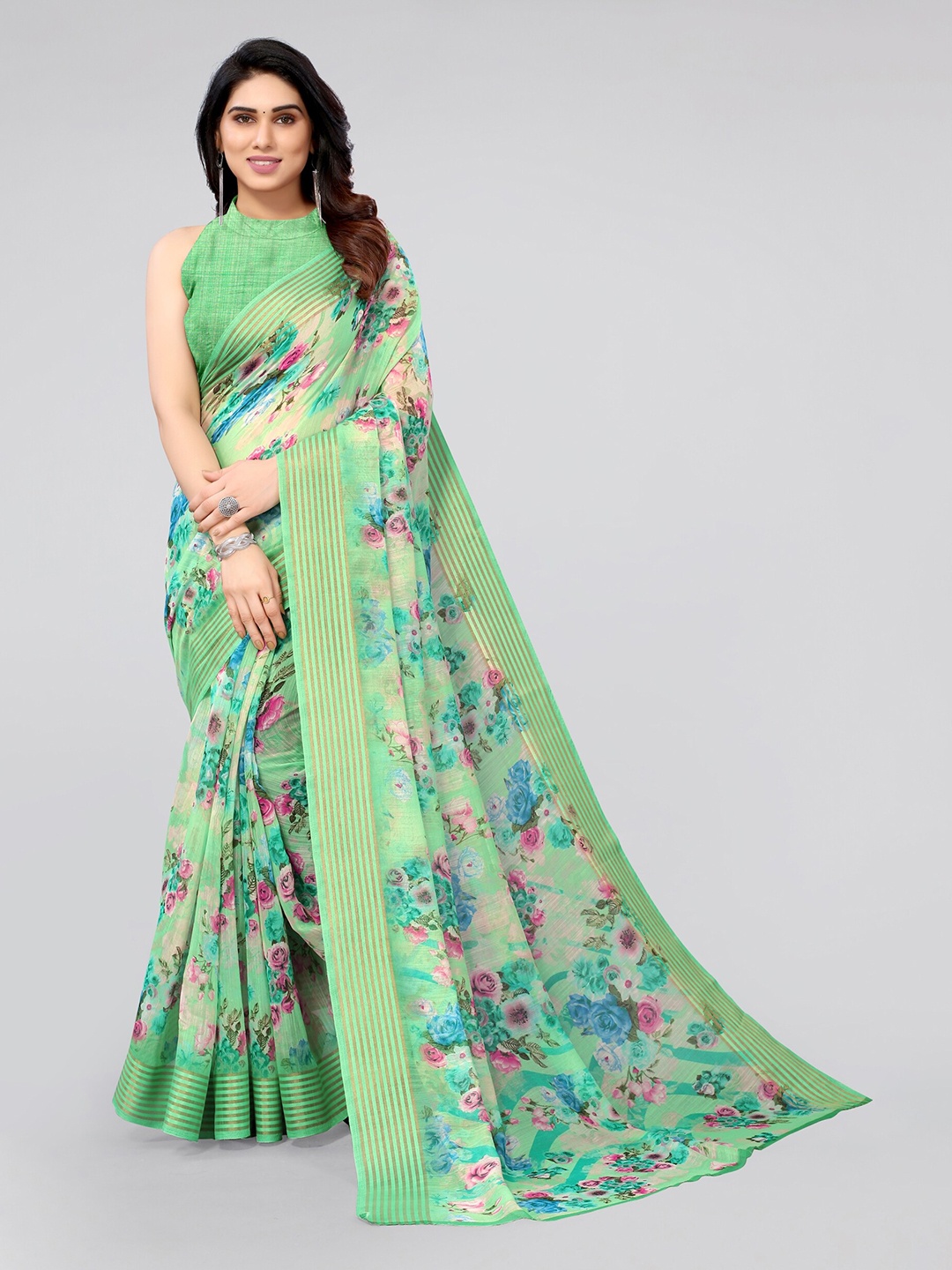 

MIRCHI FASHION Green & Blue Floral Printed Zari Saree