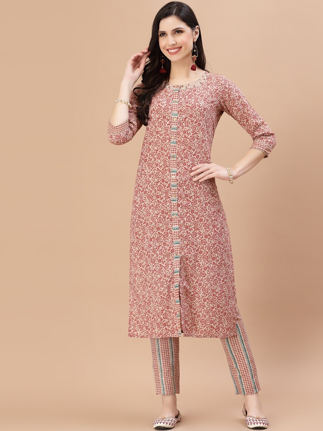 

Smiro Women Red Ethnic Motifs Printed Linen Kurta with Trousers