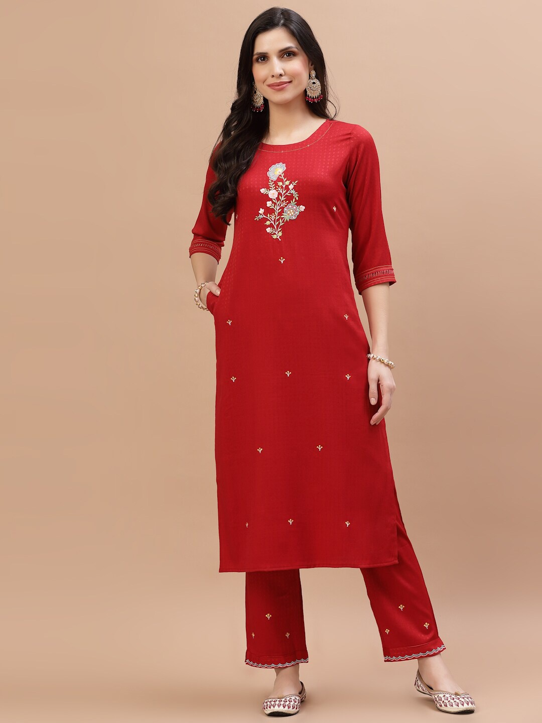 

Smiro Women Red Ethnic Motifs Printed Embroidered Kurta with Trousers
