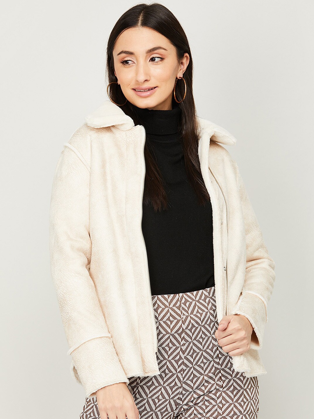 

CODE by Lifestyle Women Beige Geometric Checked Lightweight Bomber Jacket