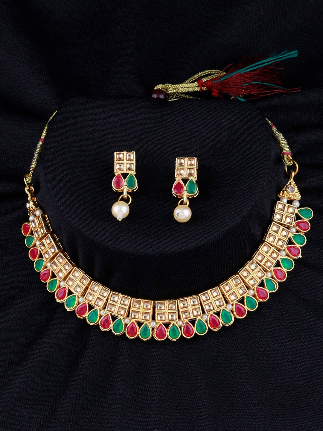 

Silver Shine Gold-Plated Red & Pink Stone Studded & Beaded Jewellery Set