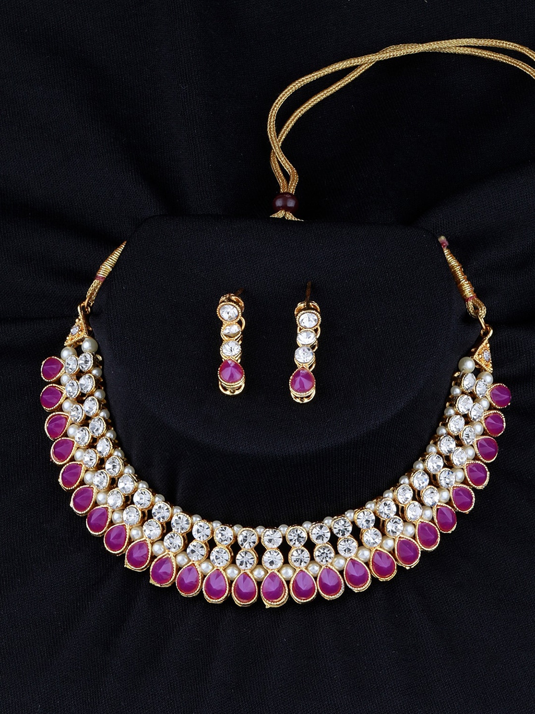 

Silver Shine Gold-Plated Pink & White AD-Studded & Beaded Jewellery Set