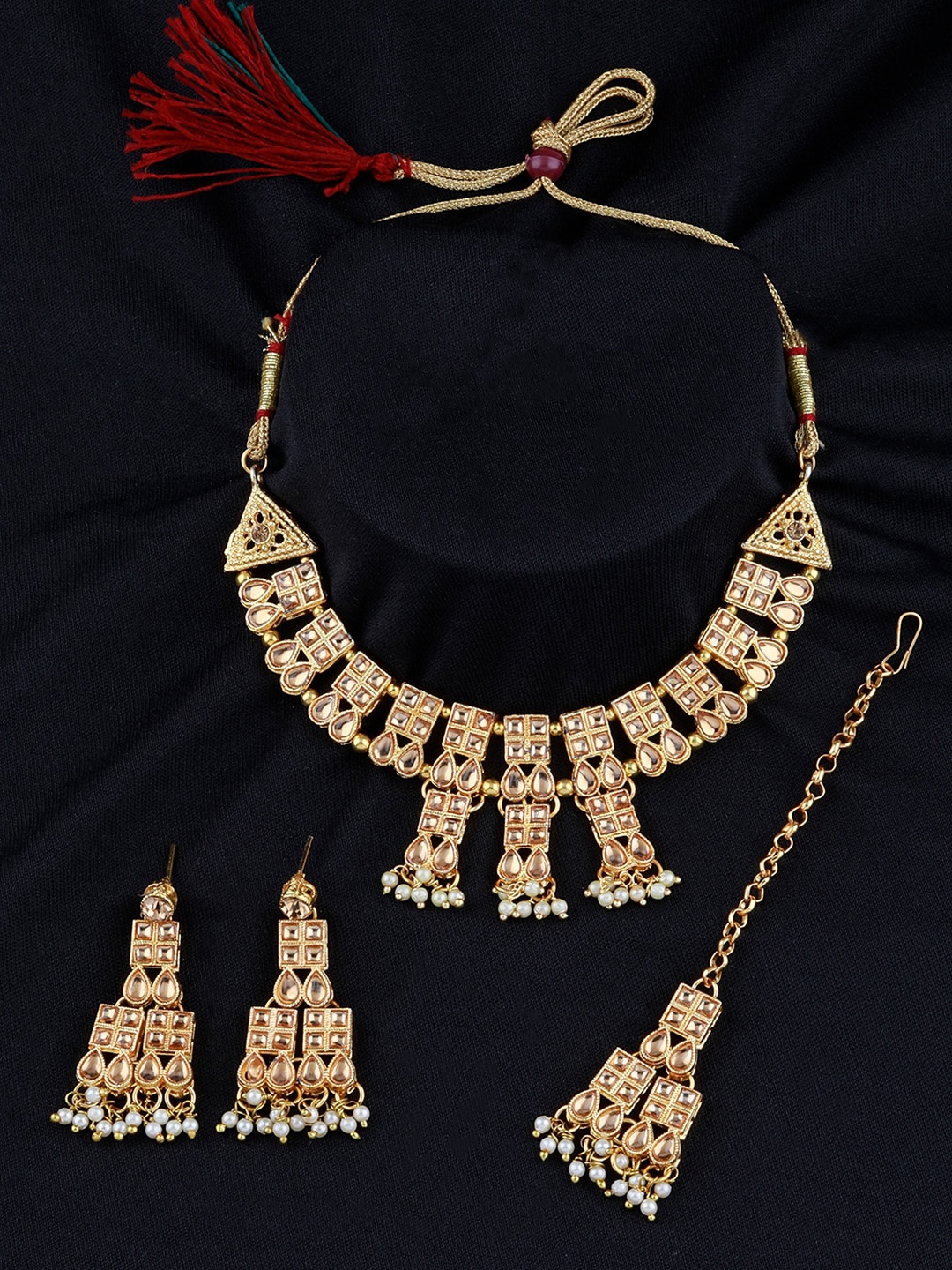 

Silver Shine Gold-Plated White AD-Studded & Beaded Jewellery Set